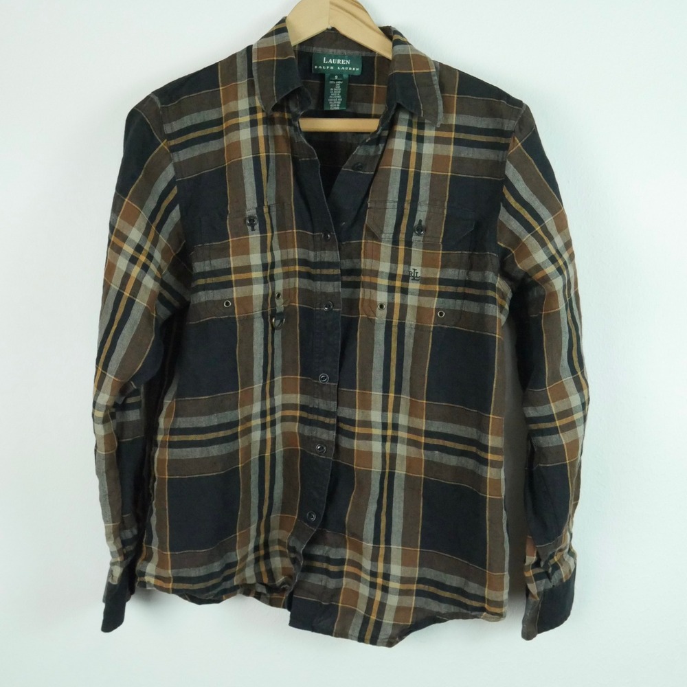 Lauren Ralph Lauren Vintage 90s Utility Linen Plaid Shirt Safari Preppy Small